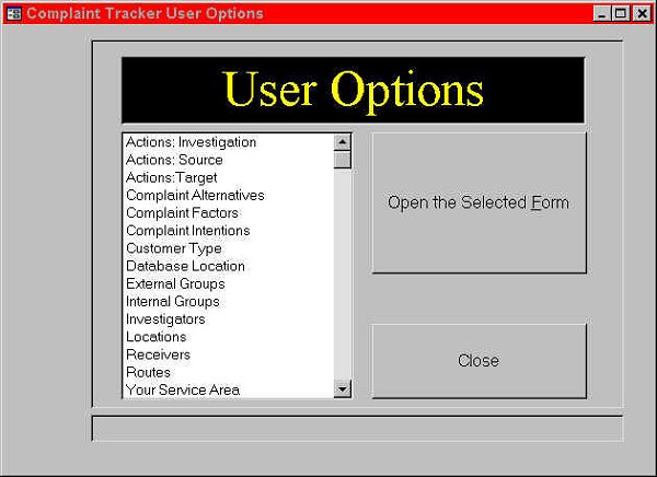 View of User Optioons Screen